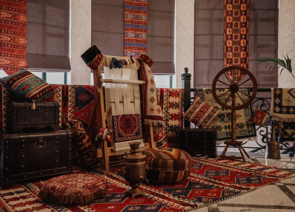 side-view-traditional-rug-being-woven-carpet-vertical-loom-oriental-wall